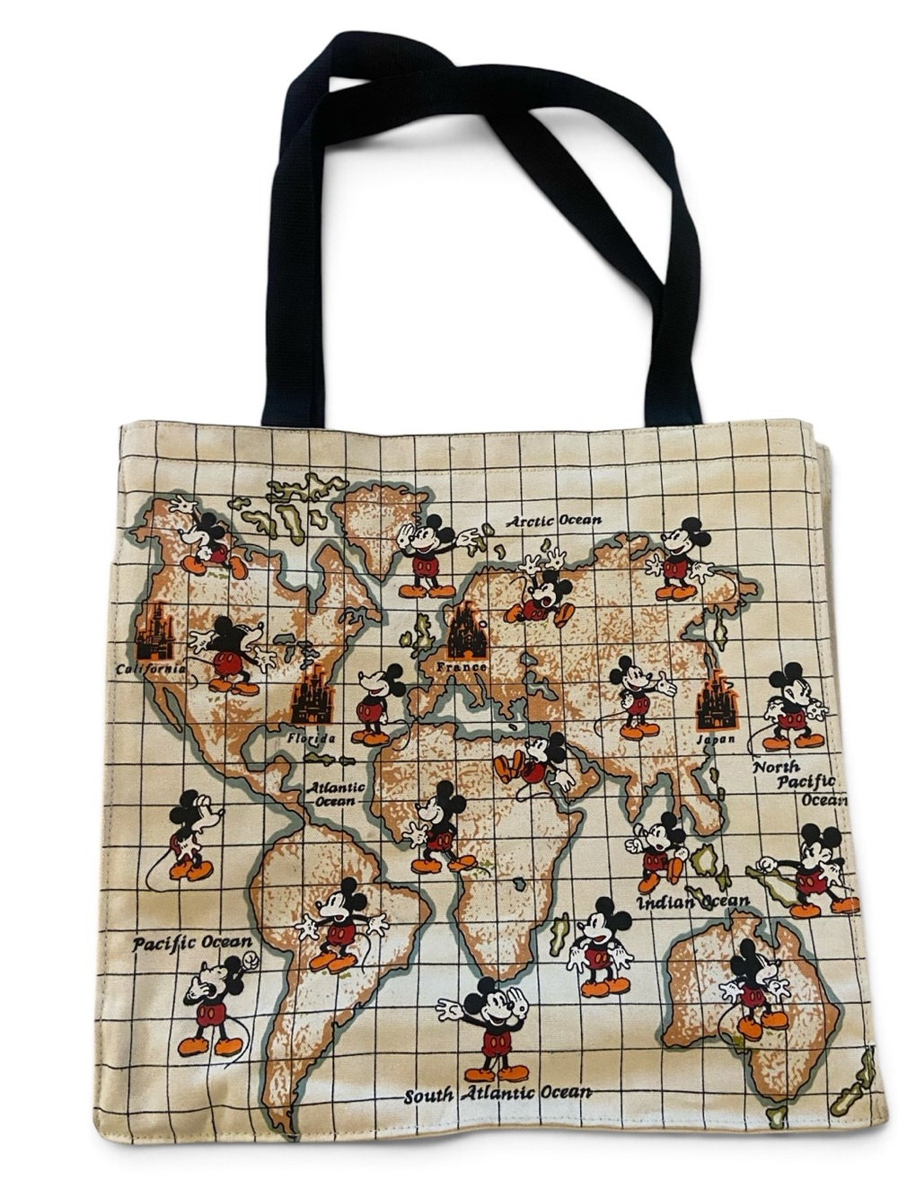 Vintage Walt Disney World Mickey Mouse World Map Woven Weekender Tote Bag Purse
